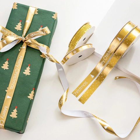 Weihnachten Ripsband Mit Goldener Bronzierung Weihnachtsmann Elch Schneeflocke Muster Rolle Für Geschenkverpackung Dekoration