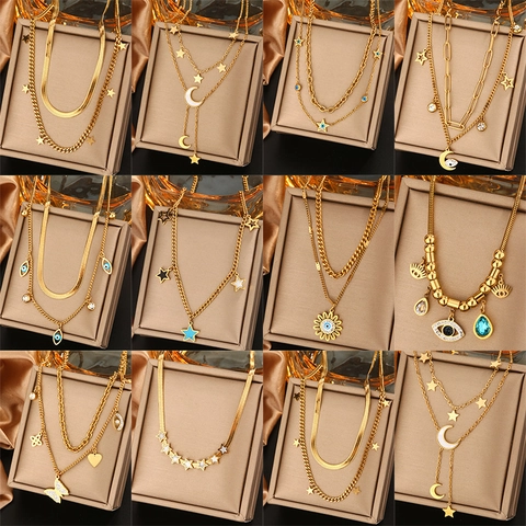 Double Layer Stainless Steel Necklace For Women 18K Gold Plated Evil Eye Star Moon Butterfly Pendant Rhinestone Jewelry