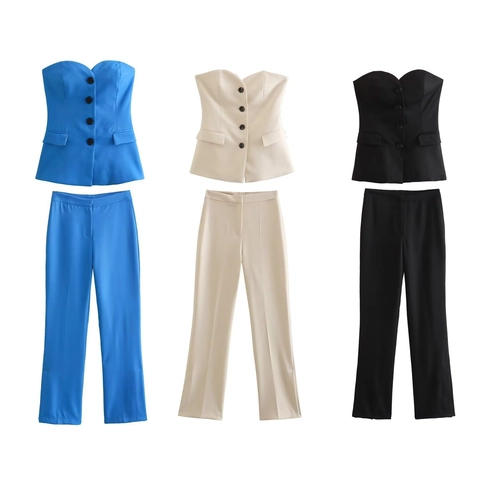 Women Strapless Bandeau Top And Long Flared Pants Solid Color Slim Fit Streetwear Chic Casual Wear Polyester