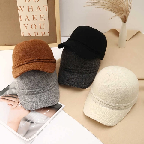 Wool Blend Knitted Baseball Cap Warm Winter Peaked Hat Solid Color Casual Outdoor Fashion Accessory For Men And Women
