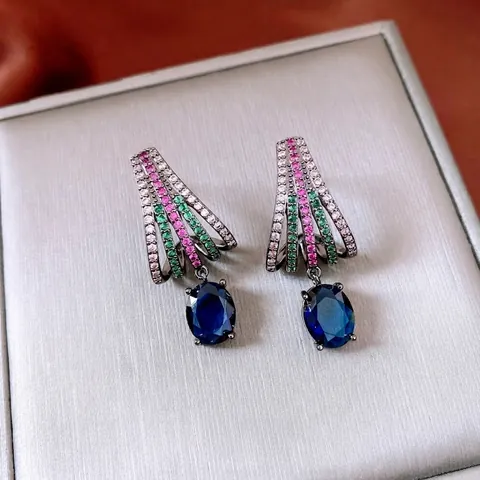 Vintage Drop Earrings With Silver Earring Post Copper Oval Blue Zircon Multicolor Micro Pave Gun Black Luxury Jewelry For Women