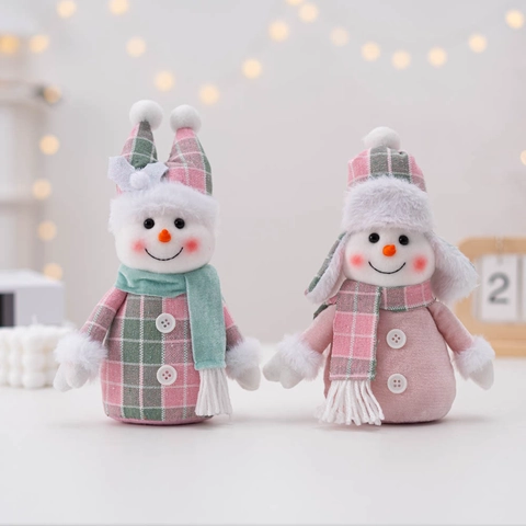 Christmas Snowman Plush Ornament Doll Toy Pink Green Plaid Knit Cloth Home Desktop Festive Decoration Cute Nordic Style