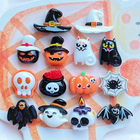 Mini Halloween Resin Charms Pumpkin Ghost Bat Skull Witch Hat Flatback For DIY Crafts Phone Case Hairpin Decor Cartoon