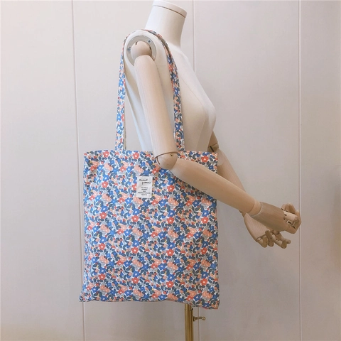 Women Korean Floral Canvas Tote Bag Large Capacity Shoulder Bag For School Commute Daily Use Korean Style Printed Handbag