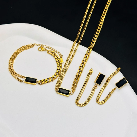 Gioielli in Acciaio Inossidabile Oro Quadrato Nero Catena Cubana Collana Bracciale Orecchini Collezione per Donna Festa