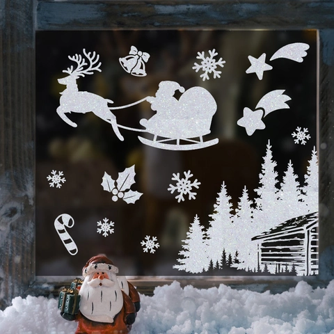 Autocollants Fenêtre Noël Paillettes Blanches Père Noël Renne Flocon De Neige Décoration Statique Pour Verre