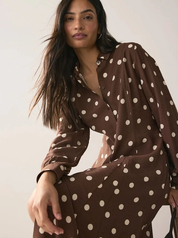Polka Dot Maxi Jurk Polyester Lange Mouwen Revers Knoopsluiting Hoge Taille Casual Elegant Vintage Voor Dames