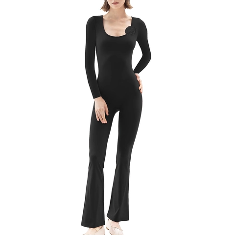 Women Long Sleeve Jumpsuit Flare Leg Square Neck 3D Flower Decor Slim Fit Elastic Romper