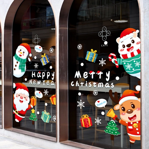 Christmas Window Stickers Static Cling PVC Reusable Santa Claus Snowman Reindeer Glass Door Decals Holiday Decoration
