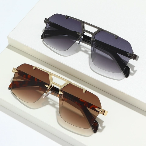 Rimless Square Sunglasses Men Metal Frame Double Bridge UV400 Protection PC Lens Driving Outdoor Fashion Trendy Eyewear