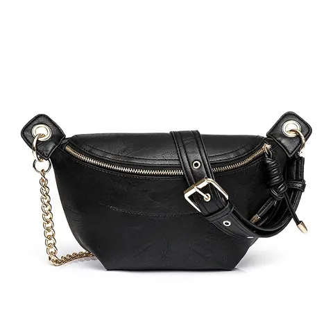 Vintage Women Chest Bag PU Leather Crescent Fanny Pack With Metal Chain Adjustable Strap Urban Trendy Waist Bag