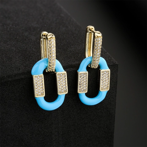 Orecchini A Cerchio Con Maglie Geometriche Rame Placcato Oro 18K Micro Zircone Smalto Colorato Gioielli Alla Moda Donna