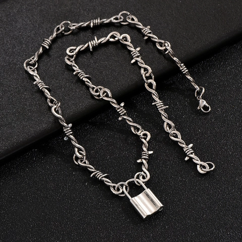 Gothic Barbed Wire Chain Necklace With Heart Padlock Pendant Alloy Punk Hip Hop Jewelry For Men Women