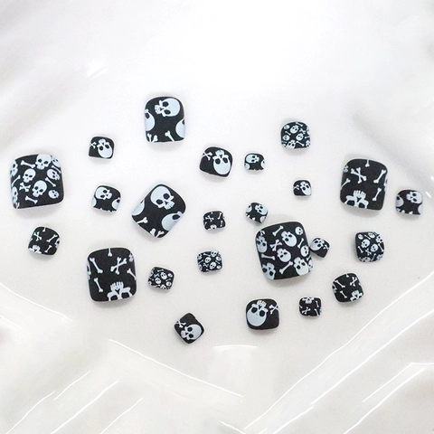 Halloween Skull Press On Toe Nails Matte Gothic Punk Short Square Foot Decoration For Women With Jelly Glue And File