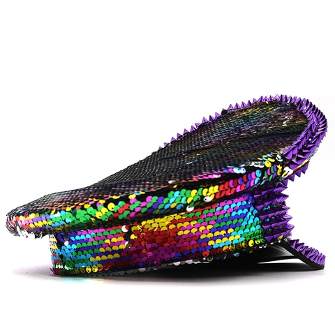 Colorful Sequins Captain Hat With Purple Rivets Rhinestones Sparkly Stage Performance Festival Party Headwear For Adults