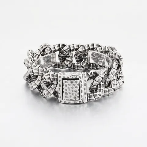 Men Bracelet 316L Stainless Steel Retro Punk Gothic Snake Scale Texture Distressed Silver Heavy Metal Link Chain