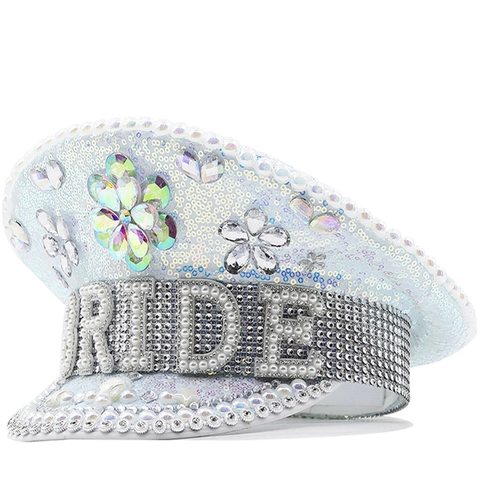 Cappello Da Capitano Sposa Bianco Strass Paillettes Cappello Militare Lettera Perla Artificial Addio Al Nubilato Matrimonio Accessorio Sposa