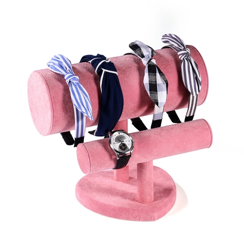 Tiered T-Bar Headband Display Stand Velvet Linen Wood Base Heart Shaped Hair Accessory Bracelet Watch Holder Organizer
