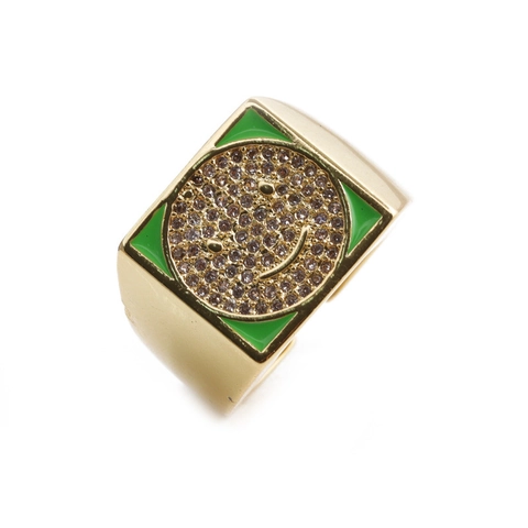 Quadratischer Smiley Ring Vergoldetes Kupfer Mikropave Zirkon Bunte Emaille Verstellbarer Offener Finger Schmuck