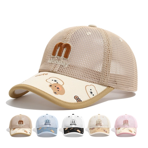 Cappellino Da Baseball In Rete Traspirante Estivo Per Bambini Cappello Da Sole Orso Cartone Animato Ricamo M Monday Ragazzi Ragazze