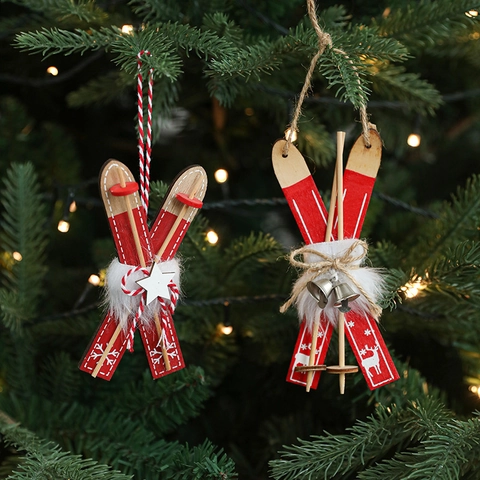 Christmas Sled Skiing Board Hanging Ornaments Wooden Faux Fur Metal Bell Star Reindeer Snowflake Print Holiday Party Decor