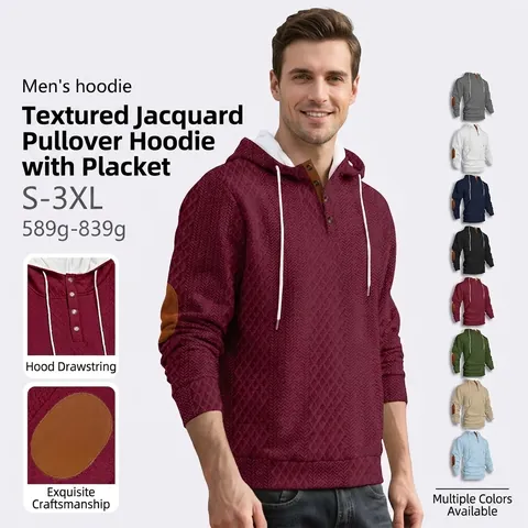 Felpa Con Cappuccio Uomo Pullover Jacquard Trama Diamante Henley Collo Con Bottoni Casual Largo Toppe Gomiti Contrasto
