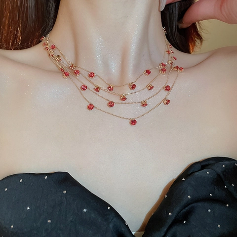 Multi Layered Clavicle Chain Necklace Copper Gold Plated Round Zircon Elegant Minimalist Luxury Jewelry Women