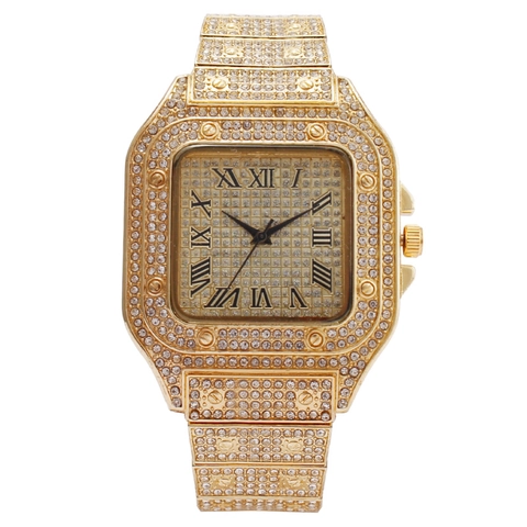 Orologio Al Quarzo Quadrato Iced Out Strass Completamente Incastonati Numeri Romani Cinturino In Metallo Hip Hop Lusso Per Uomini