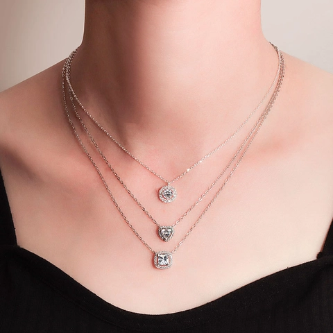 925 Sterling Silver Pendant Necklace For Women Heart Square Round Shape Cubic Zirconia Halo Elegant Jewelry Gift