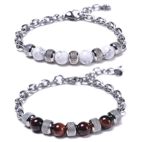 Men Beaded Bracelet Natural Tiger Eye Lava Stone Stainless Steel Chain Link Jewelry Fashion Punk Gift For Him