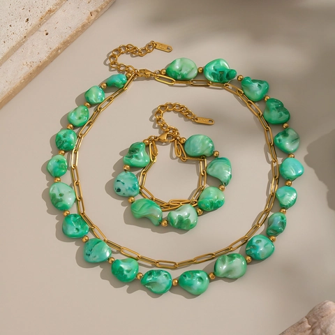 Collar Y Pulsera Piedra Verde Irregular Acero Inoxidable Chapado Oro Impermeable Moda Mujeres