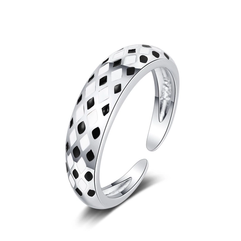 Chic Checkerboard Adjustable Opening Ring Black White Enamel Copper Minimalist Fashion Jewelry For Women