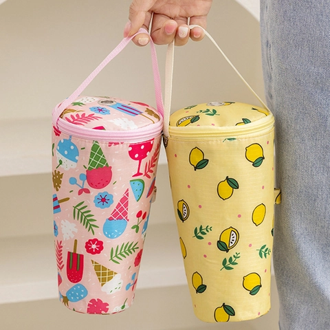 Portable Insulated Cup Sleeve Oxford Cloth Cartoon Print Water Bottle Carrier Bag With Handheld Strap Zipper Closure