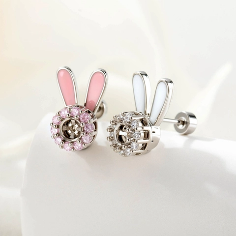 Rabbit Stud Earrings Rotatable Zircon Titanium Steel Enamel Ear Cartilage Piercing Screw Back Cute Fashion For Women