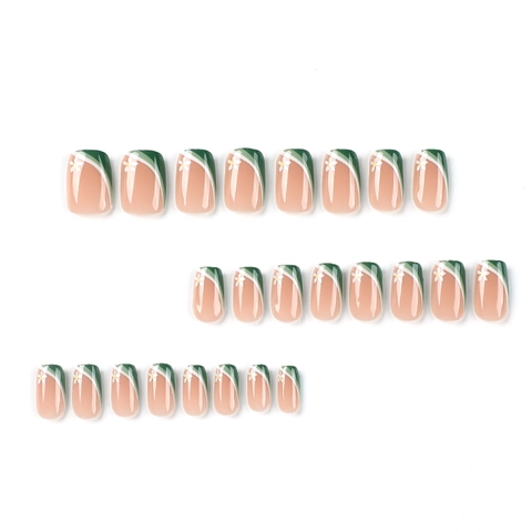 French Style Press On Nagels Groen Wit Patchwork Glanzend Madeliefje Patroon Afneembare Kunstnagels Voor Dames