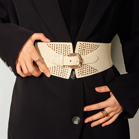 Women Wide Corset Belt Studded PU Leather Elastic Waistband Gold Round Buckle Rivet Decorative Cinch Belt For Dresses