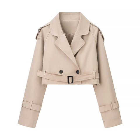 Women Cropped Windbreaker Jacket Polyester Lapel Collar Belted Epaulettes Solid Apricot Streetwear Outwear