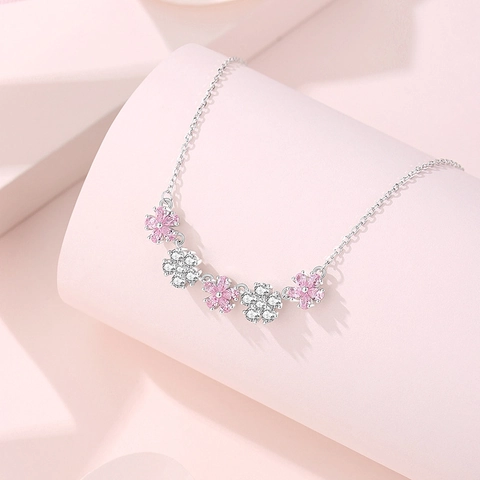 Collana Con Ciondolo in Argento Sterling 925 a Forma di Ciliegio per Donna Strass Rosa Bianchi Intarsiati Fiore Sorridente Gioielli