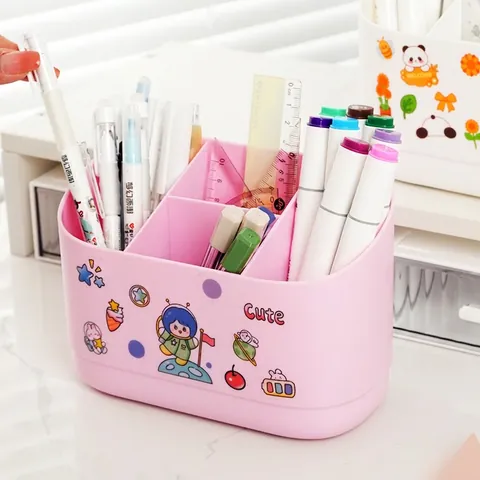 Desk Organizer Pen Holder Plastic Multi Compartment DIY Cartoon Sticker Desktop Stationery Storage Box Student Office