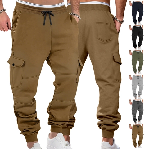 Pantalones Cargo Jogger Hombre Forro Polar Punto Poliéster Bolsillos Múltiples Cordón Ajustable Moda Sport