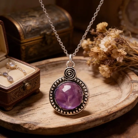 Vintage Ketting En Oorbellen Met Paarse Stenen Antieke Zilveren Legering Met Spiraalontwerp Retro Sieraden Vrouwen