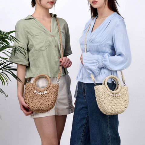 Bolso De Mano Tejido De Paja Semicircular Con Decoración De Conchas Asa Redonda Correa Desmontable Estilo Vacaciones Playa Para Mujeres