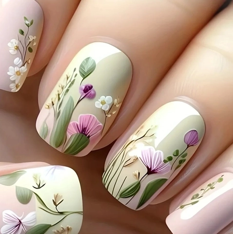 Faux Ongles À Presser Dégradé Vert Motif Floral Forme Carrée Ovale Style Doux Et Frais Pour Femmes