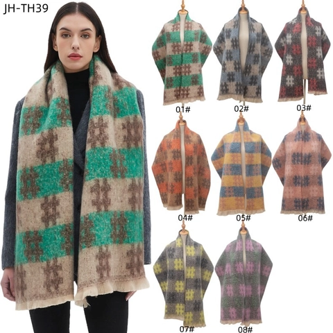 Sciarpa A Quadri Inverno Calda Spessa Donna Imitazione Cashmere Blocco Di Colore Nappa Motivo Hashtag Retro Maglia