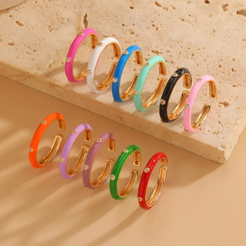 Bague Ouverte Ajustable en Émail Coloré Style Dopamine Cuivre Incrusté de Zirconia Bague Géométrique de Luxe pour Femme
