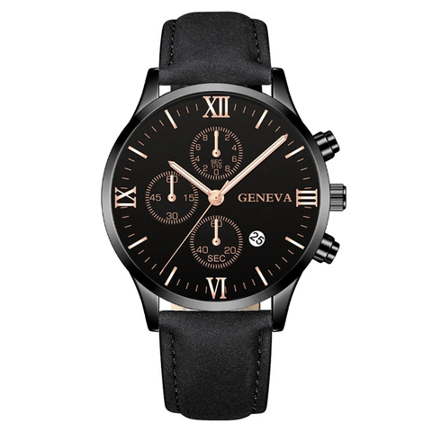 Men Quartz Watch With Leather Strap Roman Numerals Calendar Business Casual Wristwatch Alloy Case Round Dial