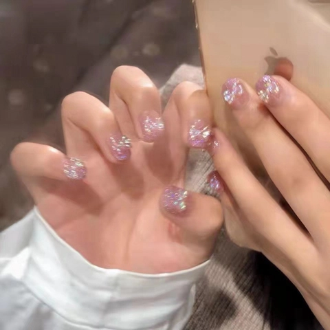 Unghie Finte Fatte A Mano Sfumate Rosa Glitter Con Farfalla Aurora 3D Perla Artificiale Dolce Riutilizzabili