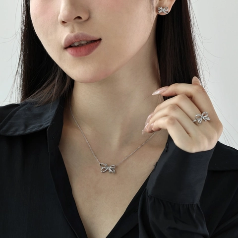 925 Sterlingsilber Schleife Schmuckset Mit Zirkonia Eingelegt Halskette Ring Ohrringe Elegant Damen Mode Schmuck Zubehör
