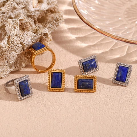 Vintage Rectangle Lapis Lazuli Ring Earrings 316L Stainless Steel 18K Gold Plated Beaded Edge Jewelry For Women