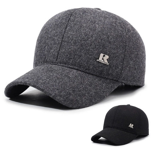 Men Woolen Baseball Cap Warm Winter Hat With Ear Protection Outdoor Casual Metal Logo Adjustable